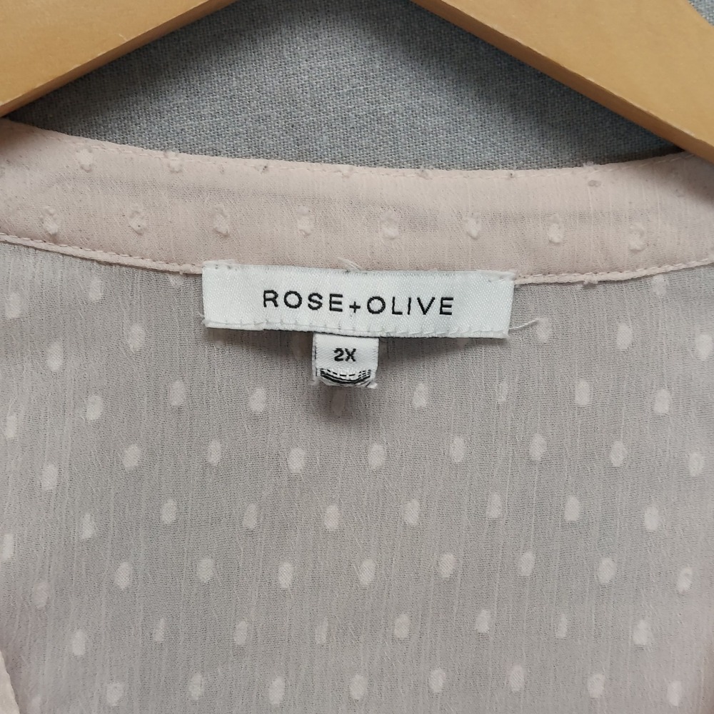Rose + Olive Pink Swiss Dot‎ Blouse 2X Pintuck Boho Top Semi Sheer 3/4 Sleeve - Picture 8 of 15